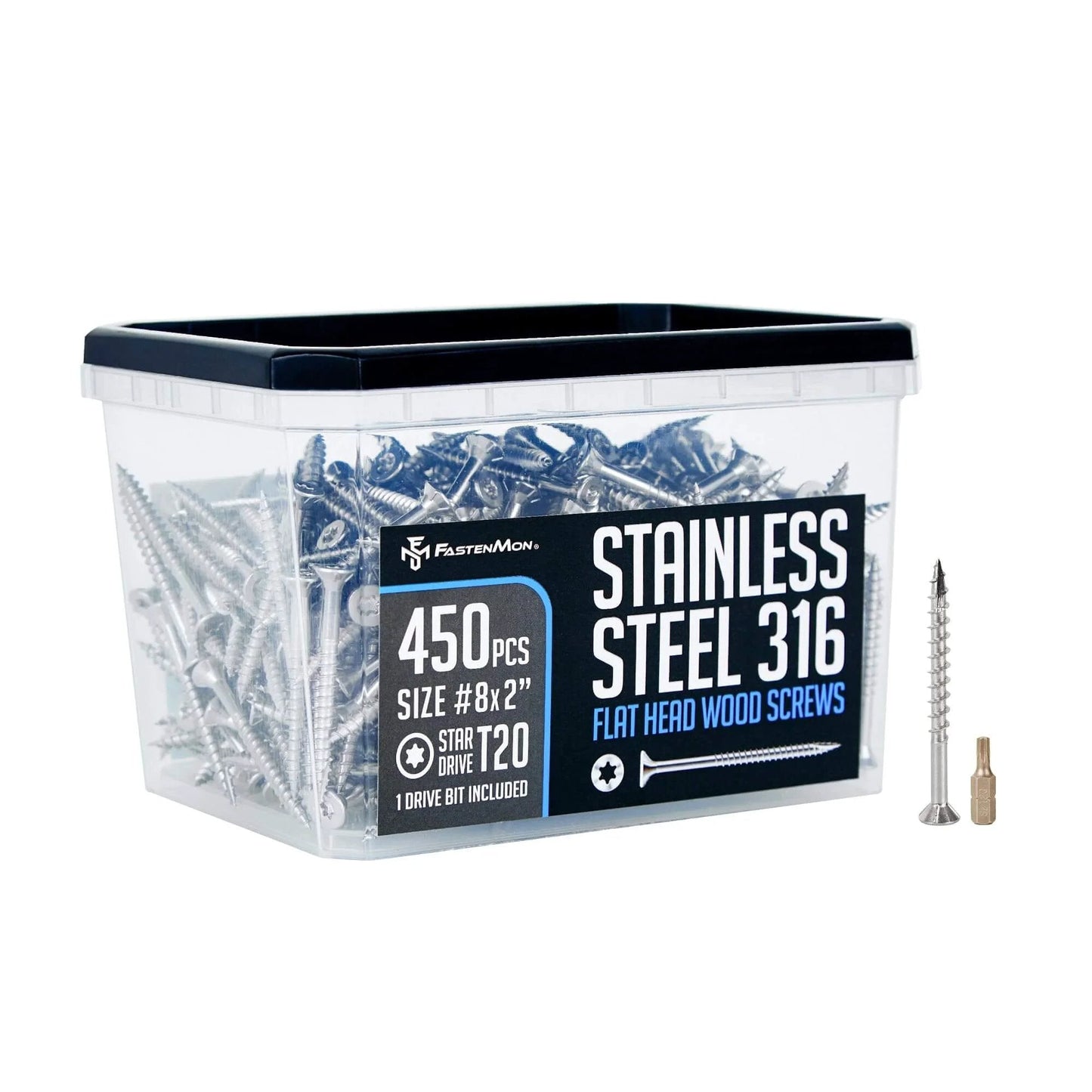 #8 x 2 Marine Grade 316 Stainless Steel Deck Screws, 450 PCS - Flat Head T20, Type 17 Point, Rust Resistant, Quick Drive with Strong Grip for Outdoor Wood Projects, Bit Included