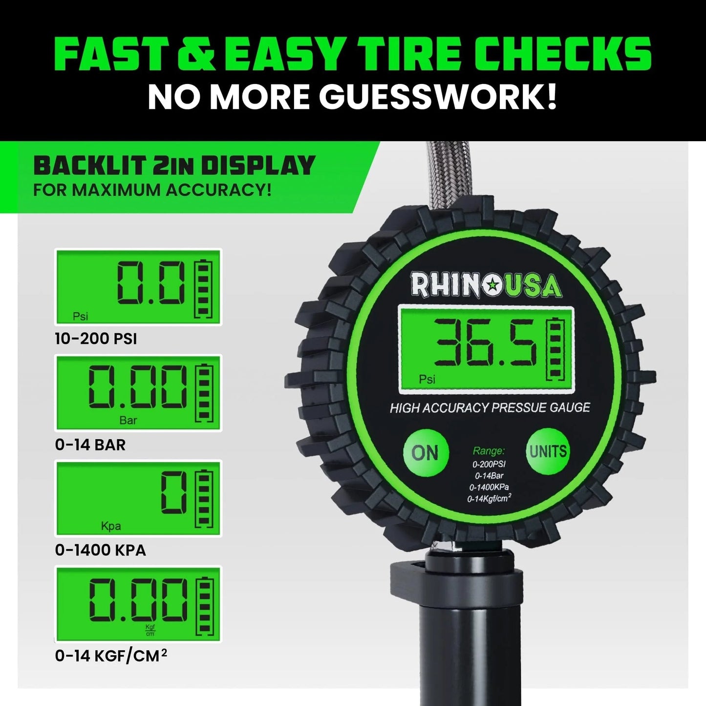 Close-up of Rhino USA tire pressure tool with 2-inch backlit display showing measurements in PSI, BAR, KPA, and KGF/CM²