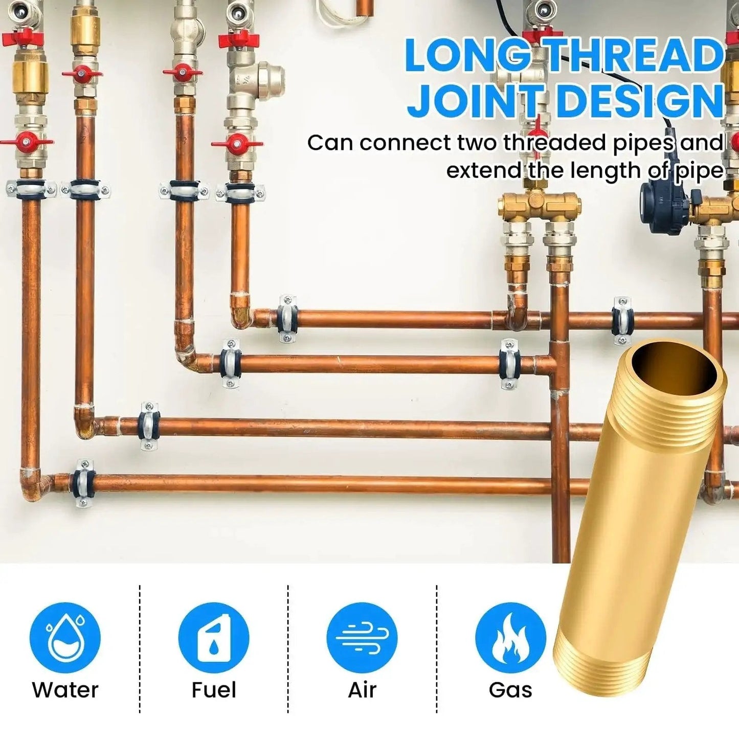 Long Brass Pipe Fitting Nipple Three Quarter NPT Male to Three Quarter NPT Male Four Inch Straight Extender Connector for plumbing.