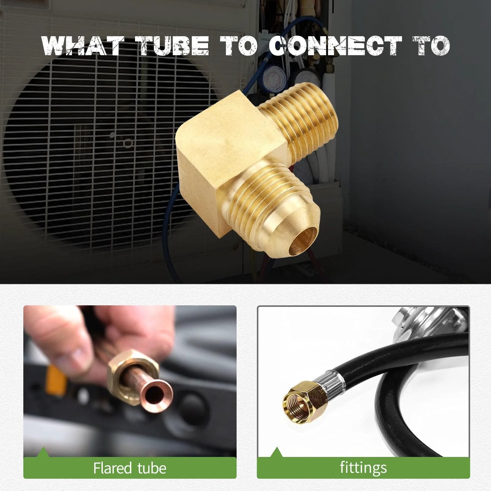Heavy Duty Brass Tube Fitting Two Pack 90 Degree Elbow Adapter Flare To Male NPT Three Eighths Inch For Plumbing Systems Corrosion Resistant Durable High Temperature Range From Minus 53 To 121 Degrees Celsius image showing a brass elbow fitting and connections.