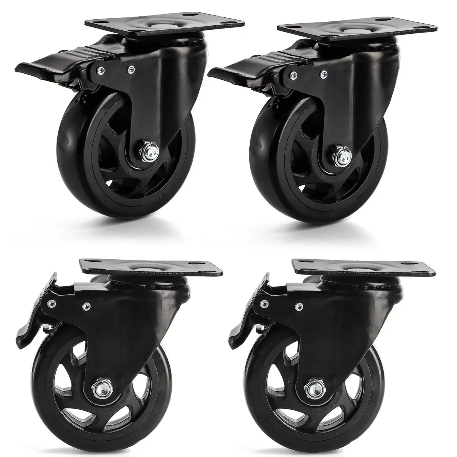 Four Inch Heavy Duty Swivel Plate Caster Wheels With Brake And 360 Degree Dual Locking For Cart Furniture And Workbench No Noise PVC Wheel Set Of 4 Each Wheel Supports 250 Lbs Total 1000 Lbs Load Capacity