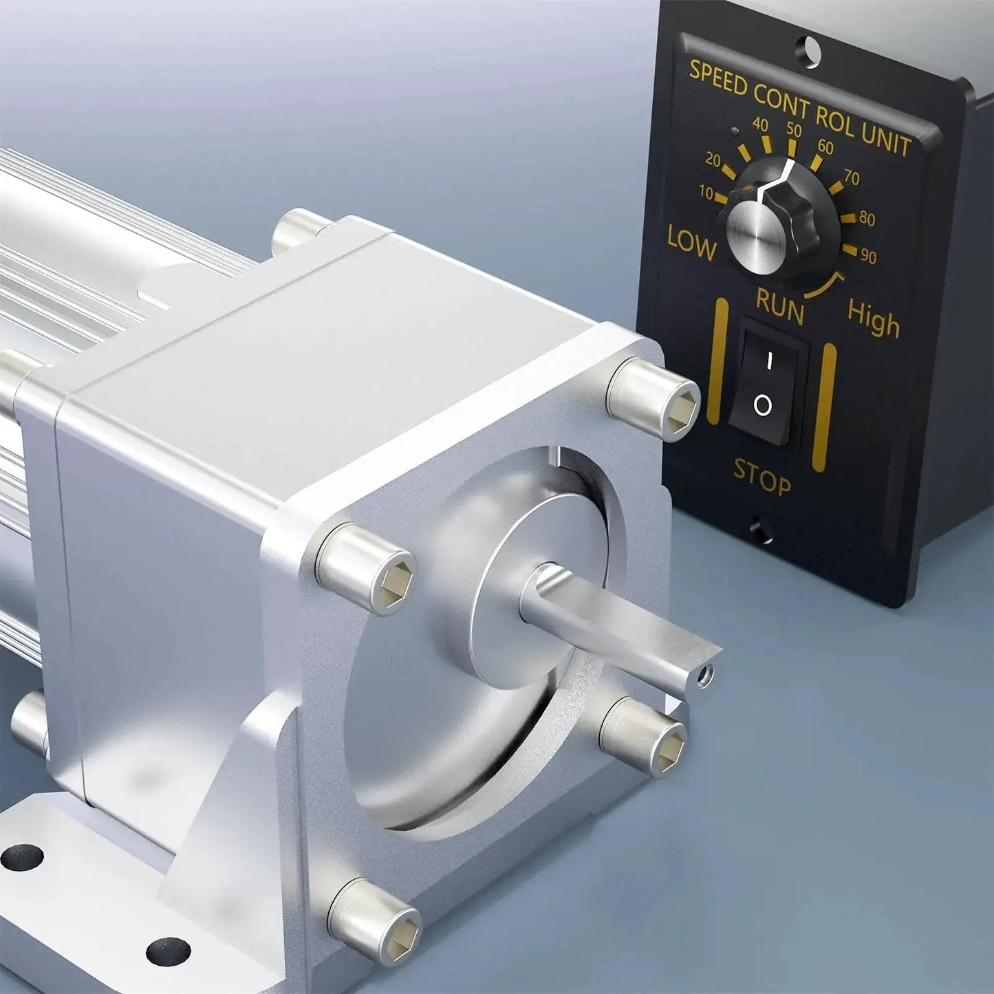 Close-up of a 6W 110V Reversible AC Motor with 450 RPM Gear Reducer and Variable Speed Controller for chemical and medical applications.