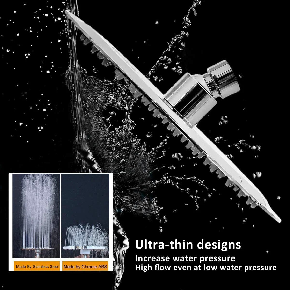 Side view of Ultra Thin 8 Inch Stainless Steel Rain Shower Head With High Flow Pressure Boost and Dope Chrome Finish