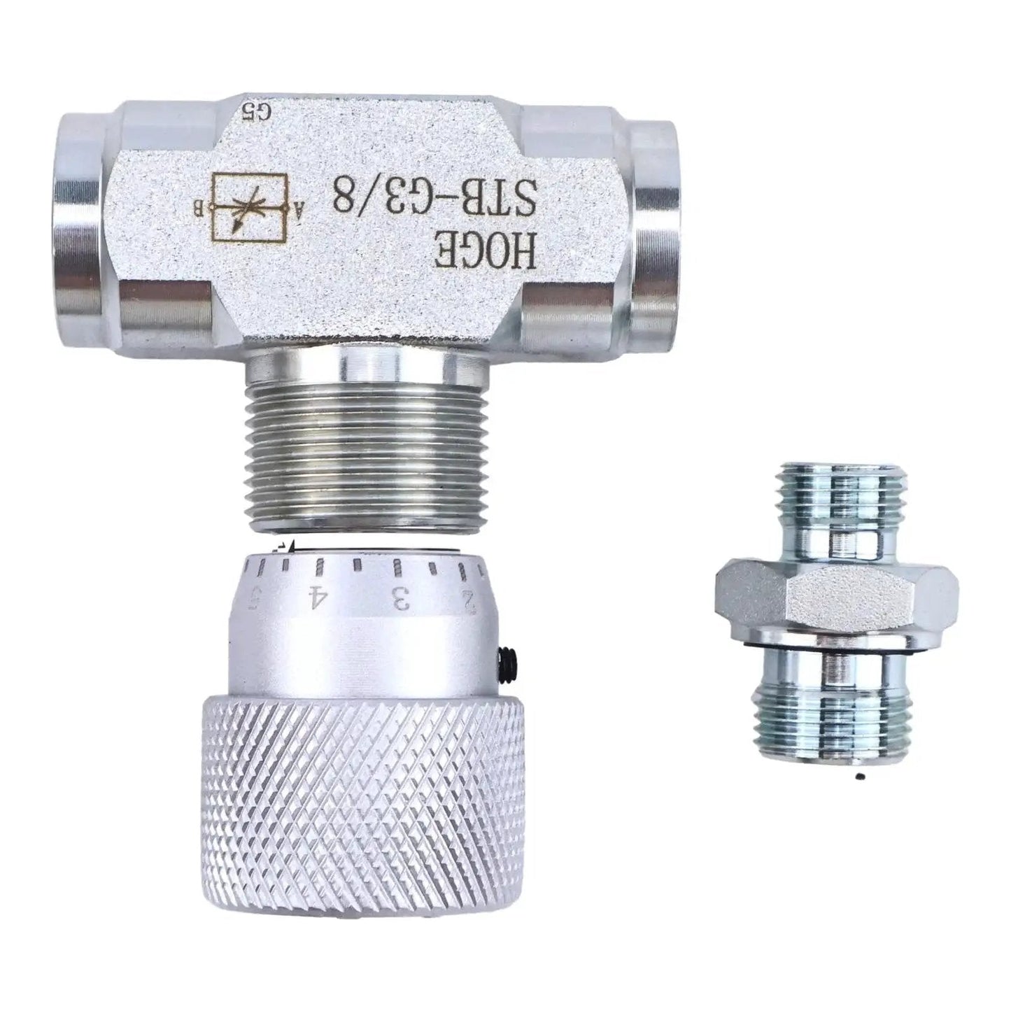 Hydraulic Flow Control Valve Bidirectional Throttle Valve STB-G3/8 fits mini excavator with L8 connectors, front view