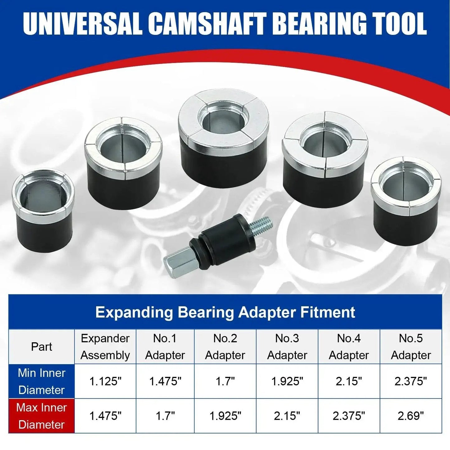 Cam Bearing Removal And Installation Tool Set For Camshaft Bearings Ranging From 1-1/8 Inch To 2-2/3 Inch with adapter sizes chart