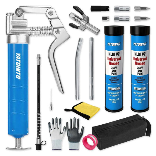 All-In-One Mini Grease Gun Kit With 3oz Cartridges, 12-Inch Hose, 3000 PSI Leak-Proof, Universal NLGI Grade 2 Grease Compatible, 18-Piece Accessory Set laid out including tools and gloves