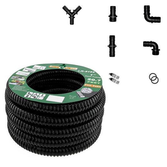 Flexible 1 Inch ID Corrugated Pond Hose For Aquarium And Pond Waterfall Systems, 20.6 Ft Black PVC Kinkproof Tubing With Fittings