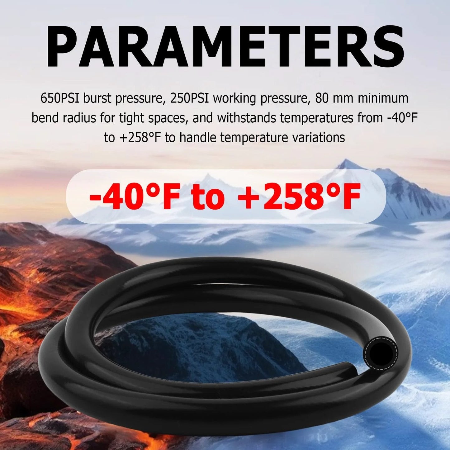 Five Eighth Inch Silicone Heater Hose Kit With Ten Clamps, image of black coiled hose in front of mountainous landscape, 16mm ID 24mm OD.