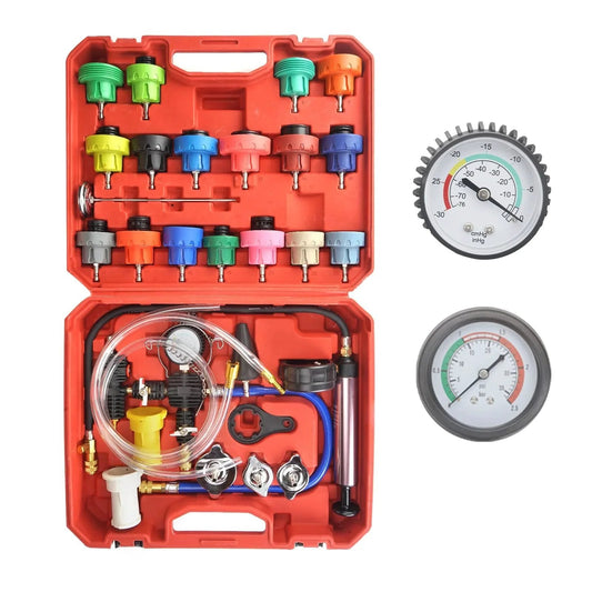 28 Piece Coolant Vacuum Refill Kit With 23 Radiator Adapters And Pressure Tester, Rugged Aluminum Manual Vacuum Pump, 21 Inch Hose, 0 To 35 Psi Dial Gauge, Brass Fittings, For Quick No Fuss Vacuum Purge And Refilling Your Cooling System
