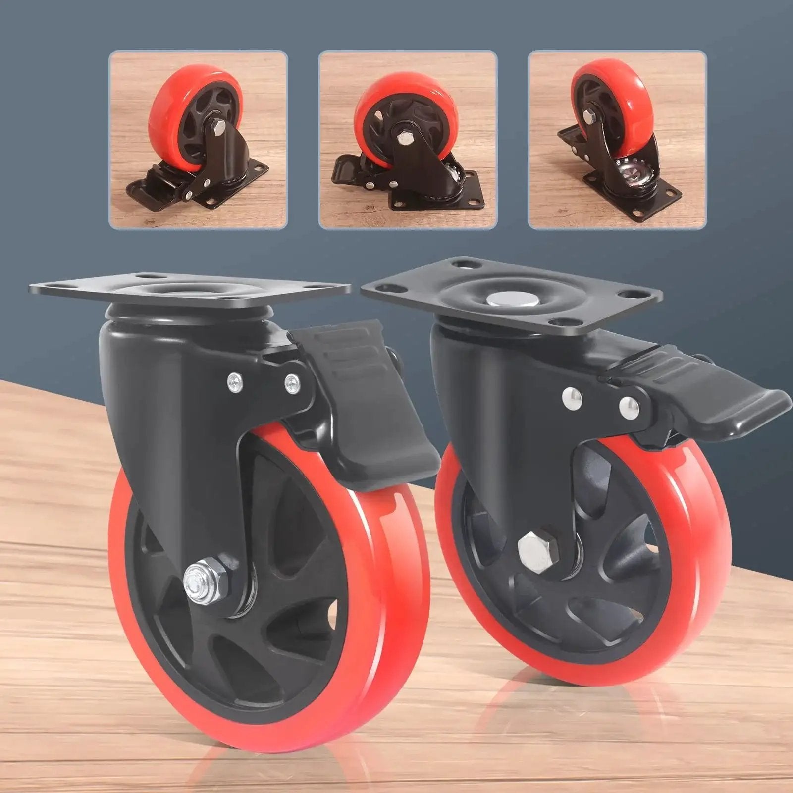 Heavy Duty Beefed Up 5 Inch Caster Wheels With Brake Set Of 4 Dual Locking Industrial Casters displayed on wooden surface