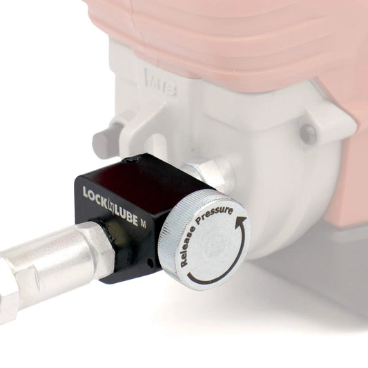 No More Pressure Locks With The Pressure Return Valve For Cordless Grease Guns By LockNLube, shown installed on a gun