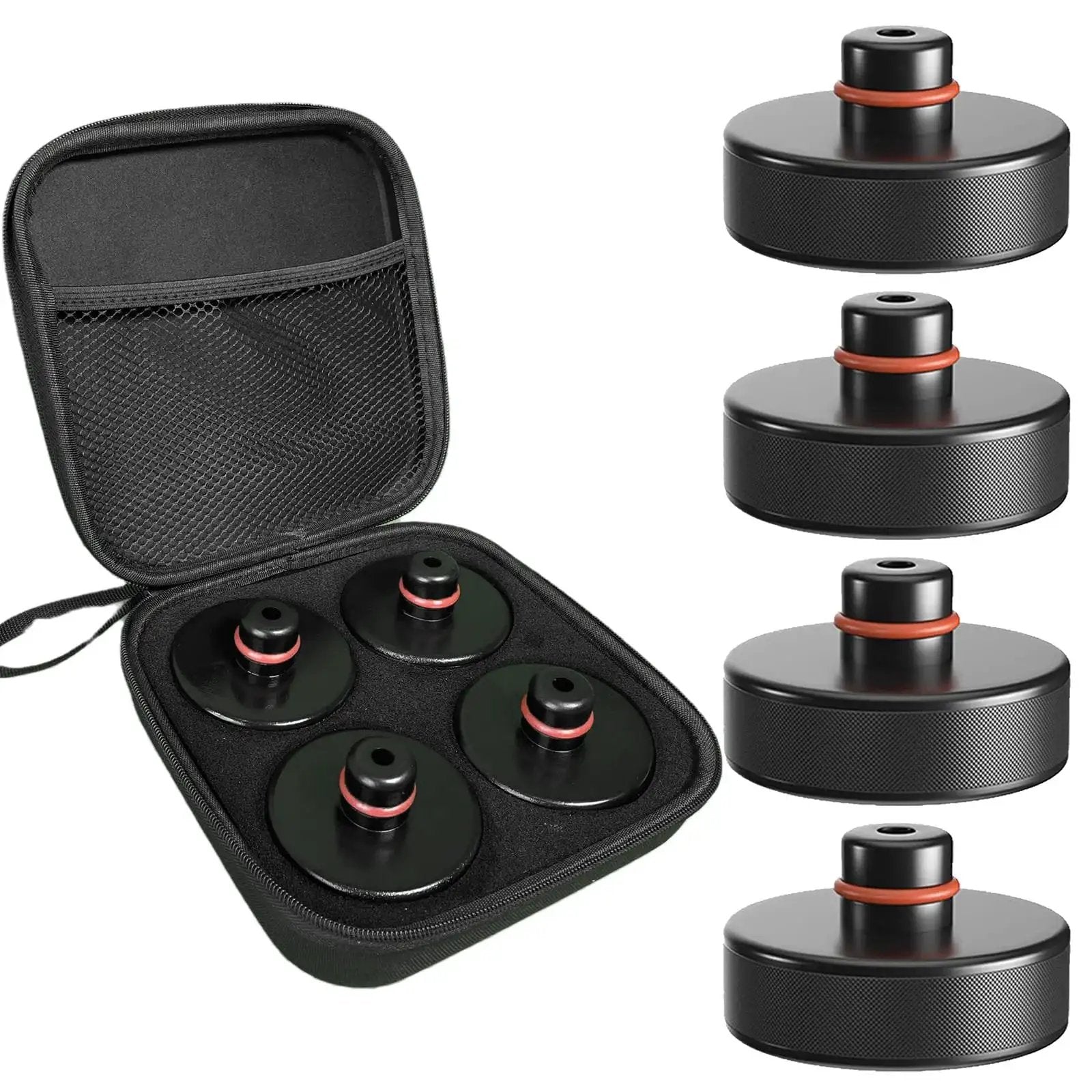 Jack Pad Set For Tesla Models 3 S X Y With Durable Rubber Pucks And Case 4 Pack shown with black rubber pucks and storage case.