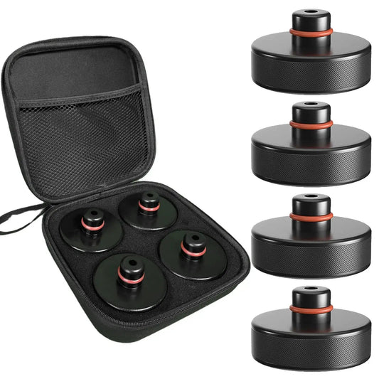 Jack Pad Set For Tesla Models 3 S X Y With Durable Rubber Pucks And Case 4 Pack shown with black rubber pucks and storage case.