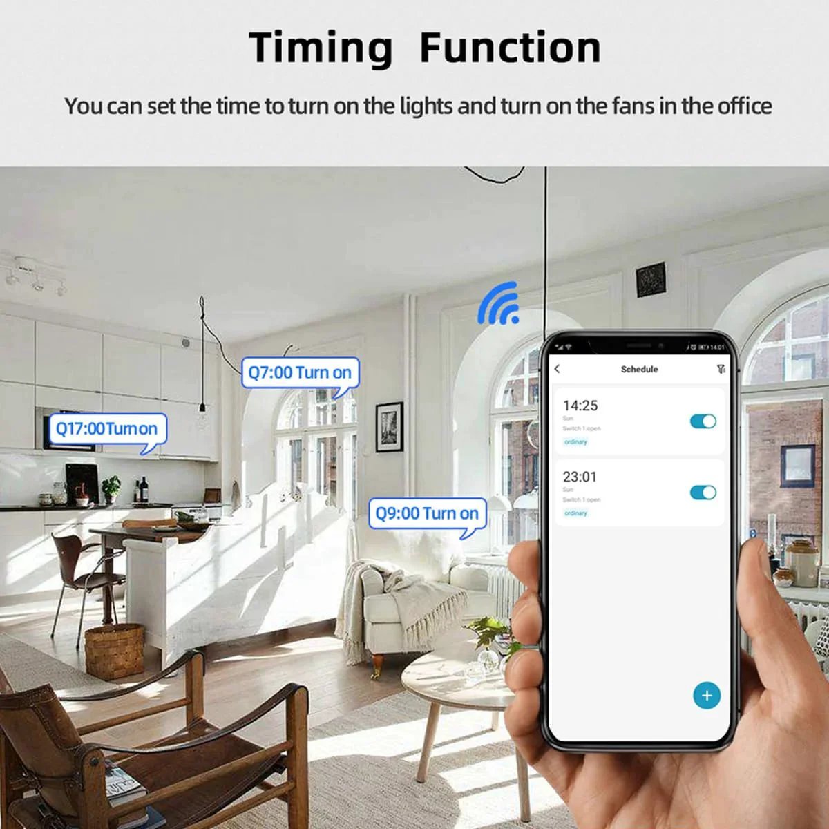 Living room with smart home features shown via phone app, illustrating timer settings for lights and fans, WiFi signal icon visible.