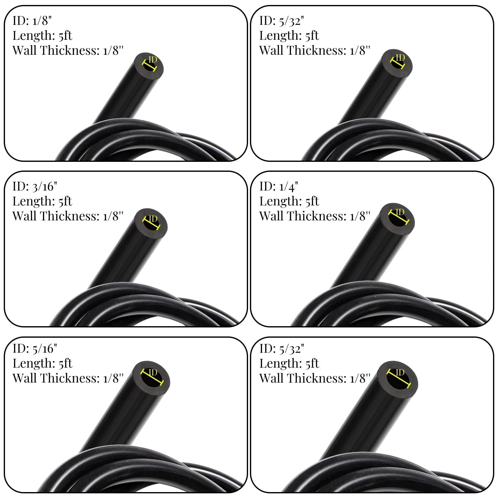 Image of Six Piece Silicone Vacuum Hose Kit With Five Foot Lengths In One Eighth Inch, Five Thirty Second Inch, Three Sixteenth Inch, One Quarter Inch, Five Sixteenth Inch And Three Eighth Inch For High Temp Water Air Transfer And Vehicle Radiator Use By ZAVOOS, showing all six hose sizes.