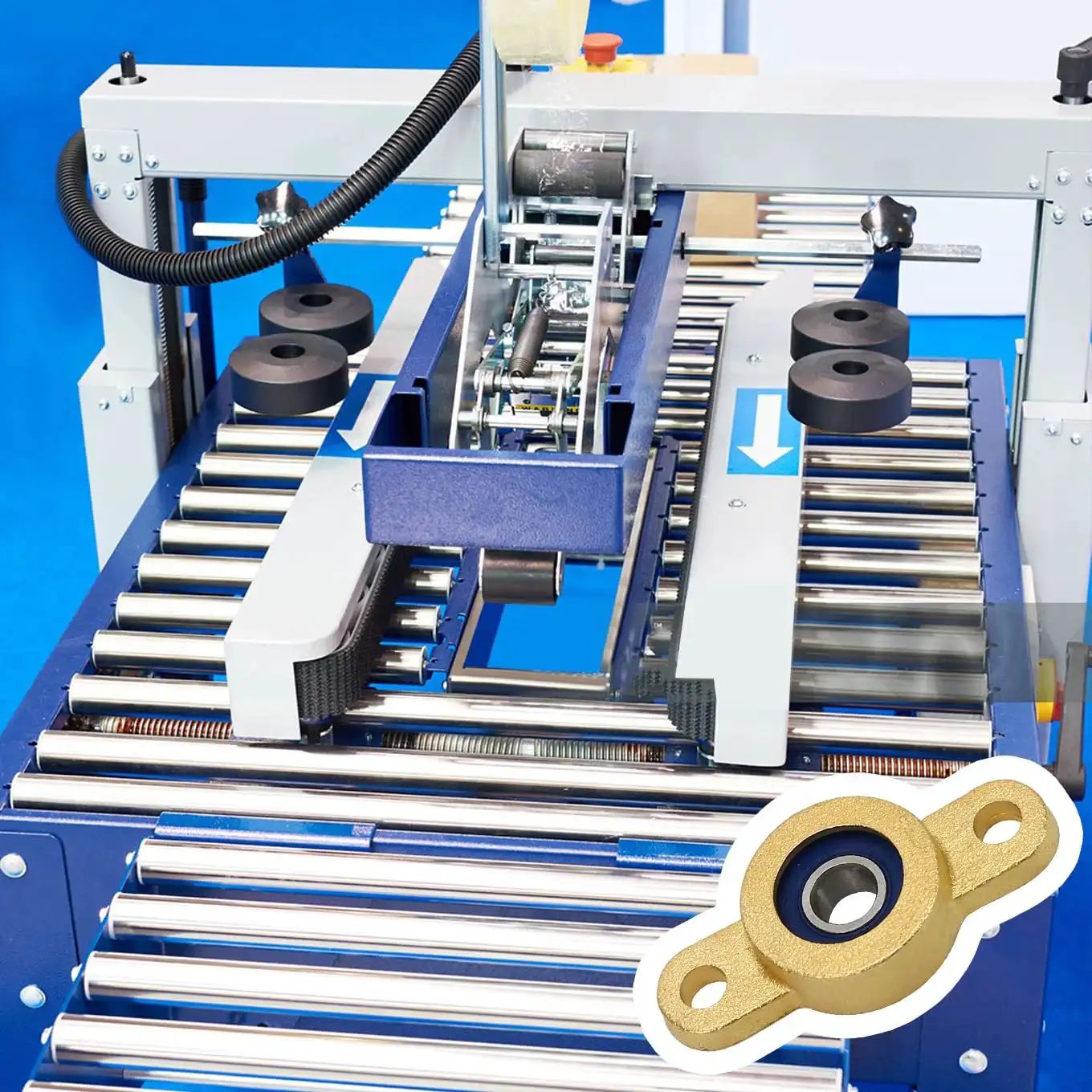 Two Pack Pillow Block Bearing For 6.35mm Shaft With One Quarter Inch Bore, Two Bolt Flange, Set Screw Locking Style, shown with machinery