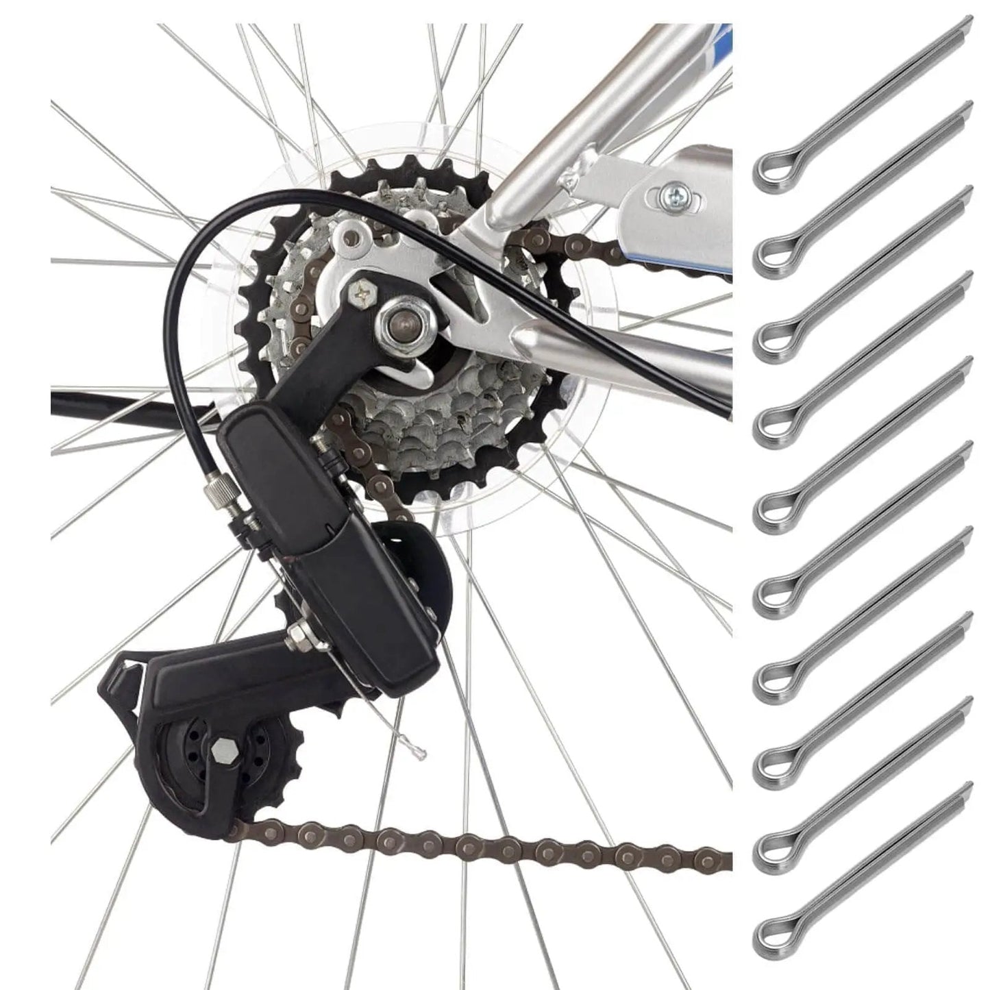 Stainless Steel Cotter Pins For Bike Brake Pads 10 Piece Set shown beside a bicycle disc brake system installation