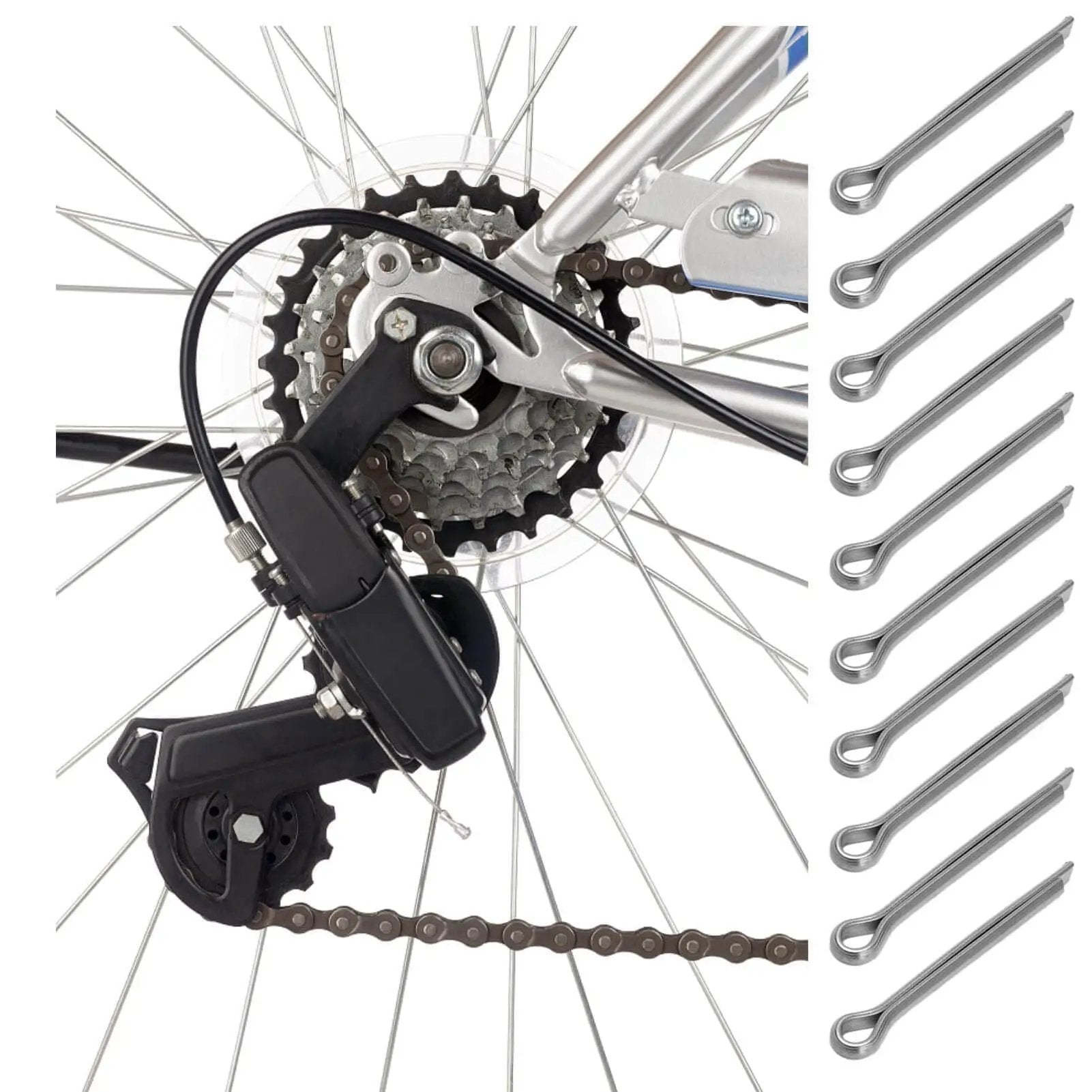 Stainless Steel Cotter Pins For Bike Brake Pads 10 Piece Set shown beside a bicycle disc brake system installation