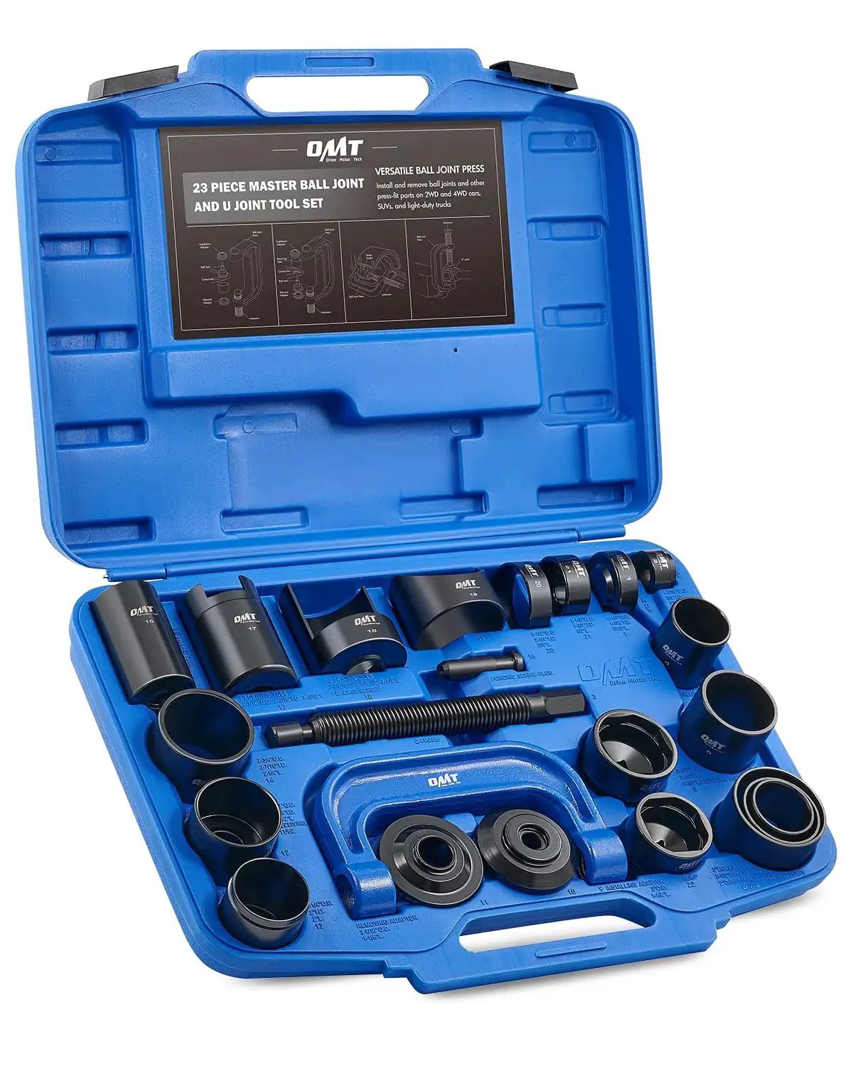 Open blue case displaying 23Pc Ball Joint Press Kit With U Joint Removal Sockets And Heavy Duty Adapters, tools organized inside.