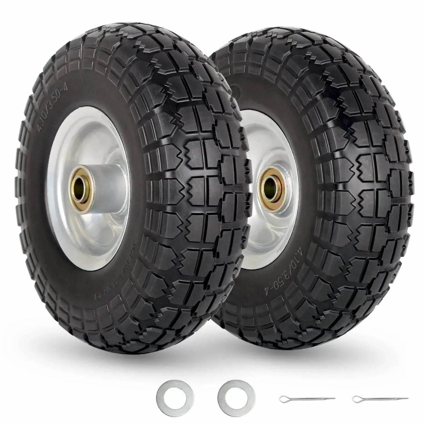 Flat Free 10 Inch Tire And Wheel 4.10/3.50-4 For Hand Trucks Garden Carts Wagons And Dollies, 2-pack with washers