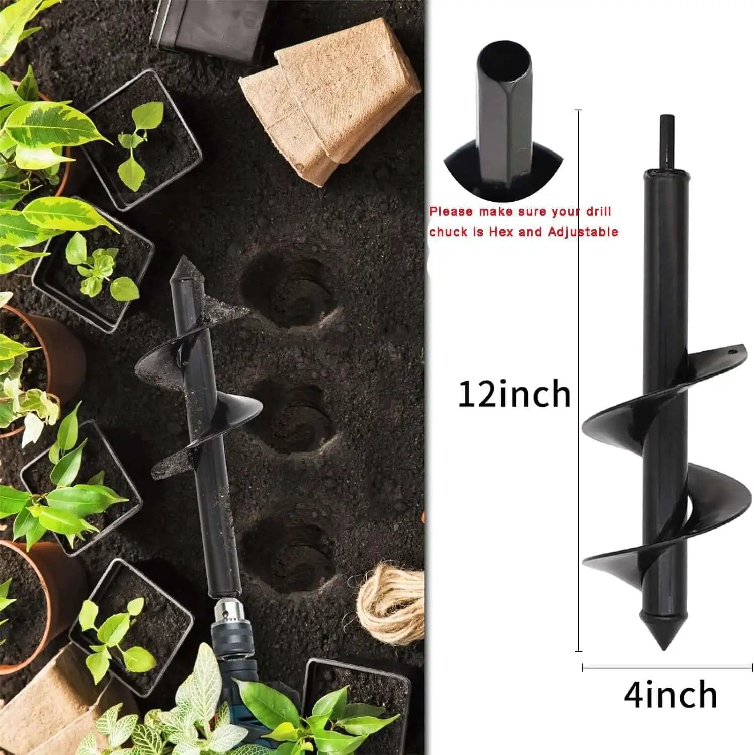4x12 Inch Auger Drill Bit For Planting And Digging Holes In The Garden, Spiral Bulb Planter, shown with hole measurements and garden setup.