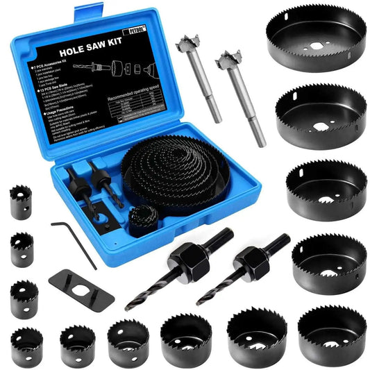 22 Piece Hole Saw Kit For Fast Clean Cuts From Three Quarters Of An Inch To Five Inches includes saw blades, mandrels, bits, and case.