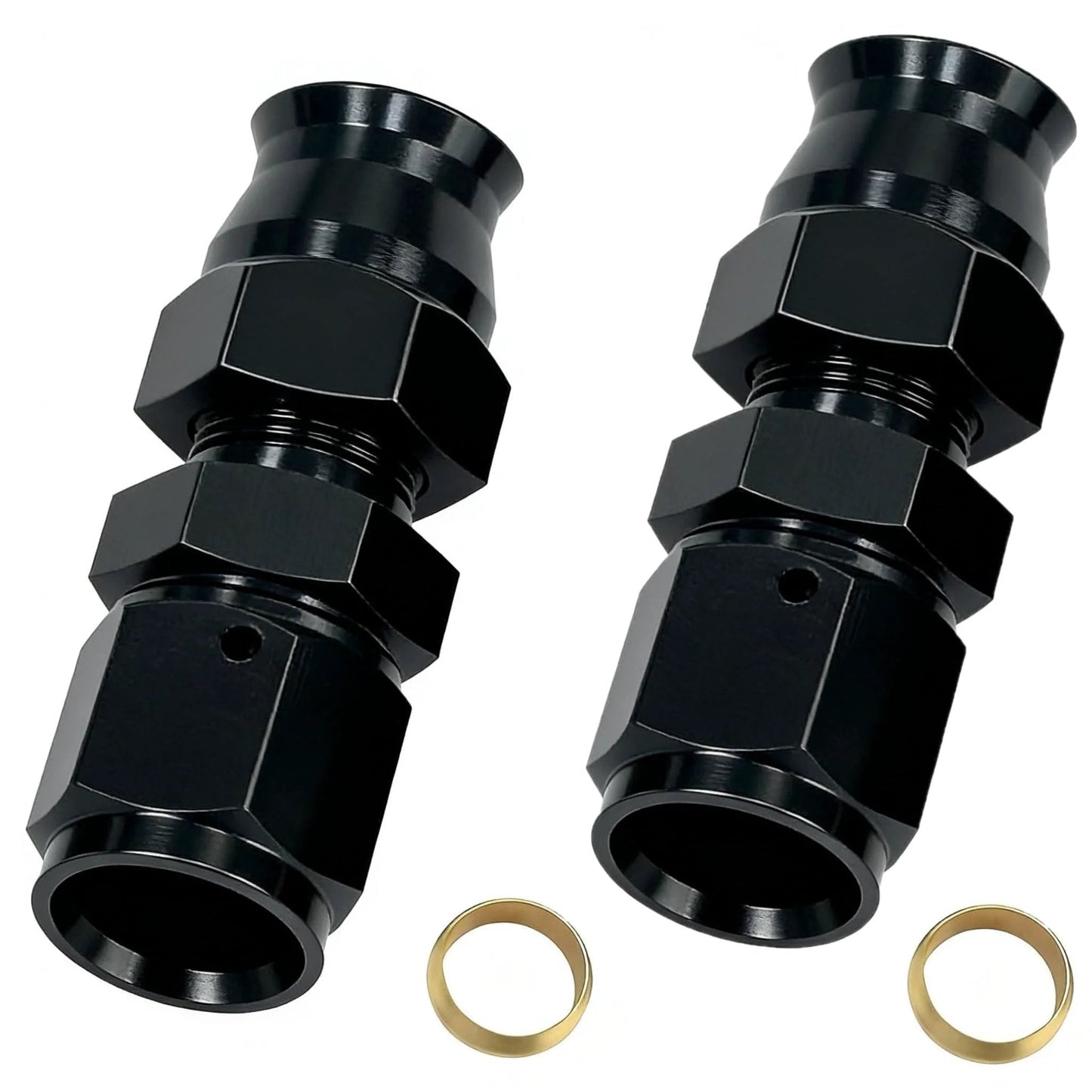 6AN Female Flare To Three Eighths Inch Tube OD Hardline Fitting Adapter Aluminum Black Two Pack For Fuel Line Connector Nine Sixteenth Inch UNF Thread Compatible With Stainless Steel Or Aluminum Hardline, shown front view