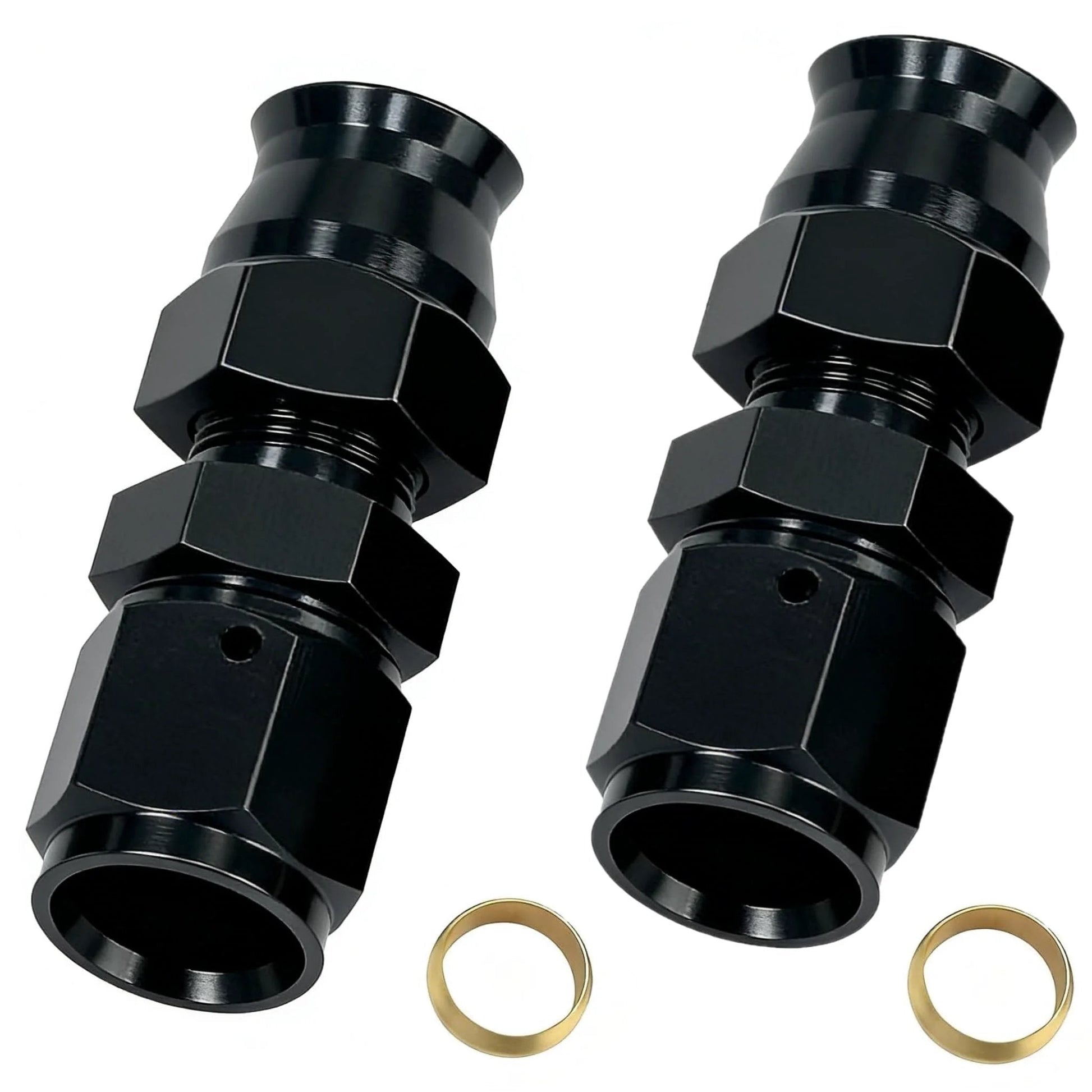 6AN Female Flare To Three Eighths Inch Tube OD Hardline Fitting Adapter Aluminum Black Two Pack For Fuel Line Connector Nine Sixteenth Inch UNF Thread Compatible With Stainless Steel Or Aluminum Hardline, shown front view