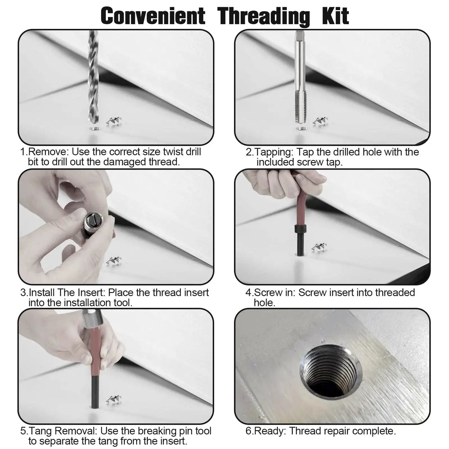 Steps for using Helicoil Thread Repair Kit 131Piece Metric Set For M5 M6 M8 M10 M12 Automotive shown in six panels