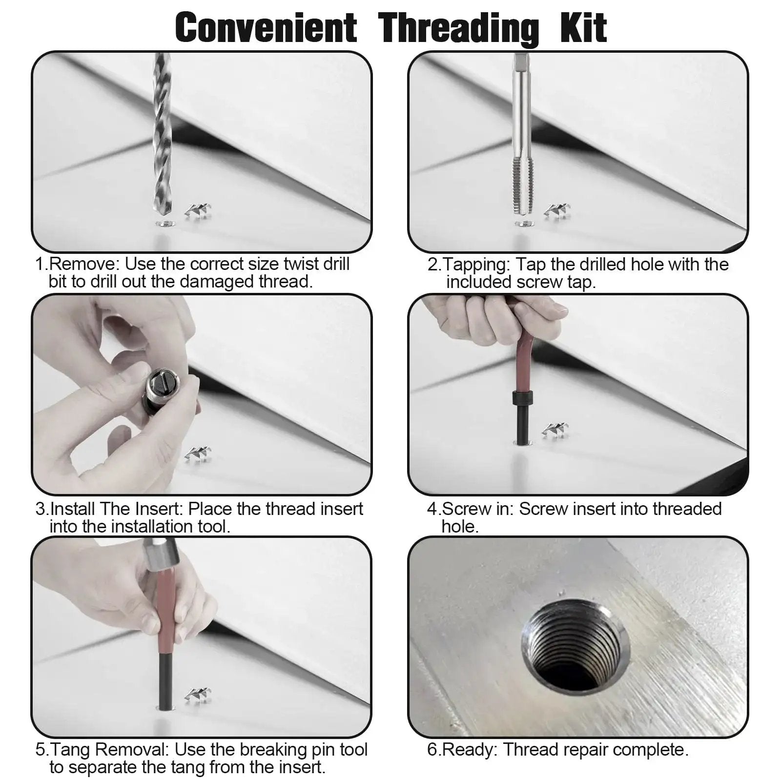 Steps for using Helicoil Thread Repair Kit 131Piece Metric Set For M5 M6 M8 M10 M12 Automotive shown in six panels