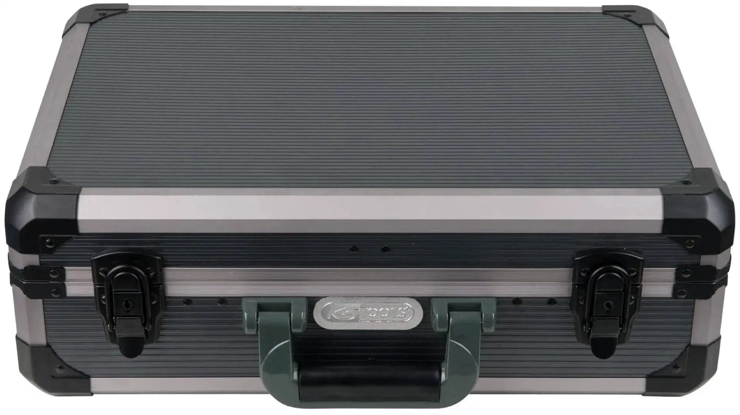 Closed case containing One Quarter And One Half Inch Drive Universal Tool Kit Set 149 Pieces, shown from the front view.