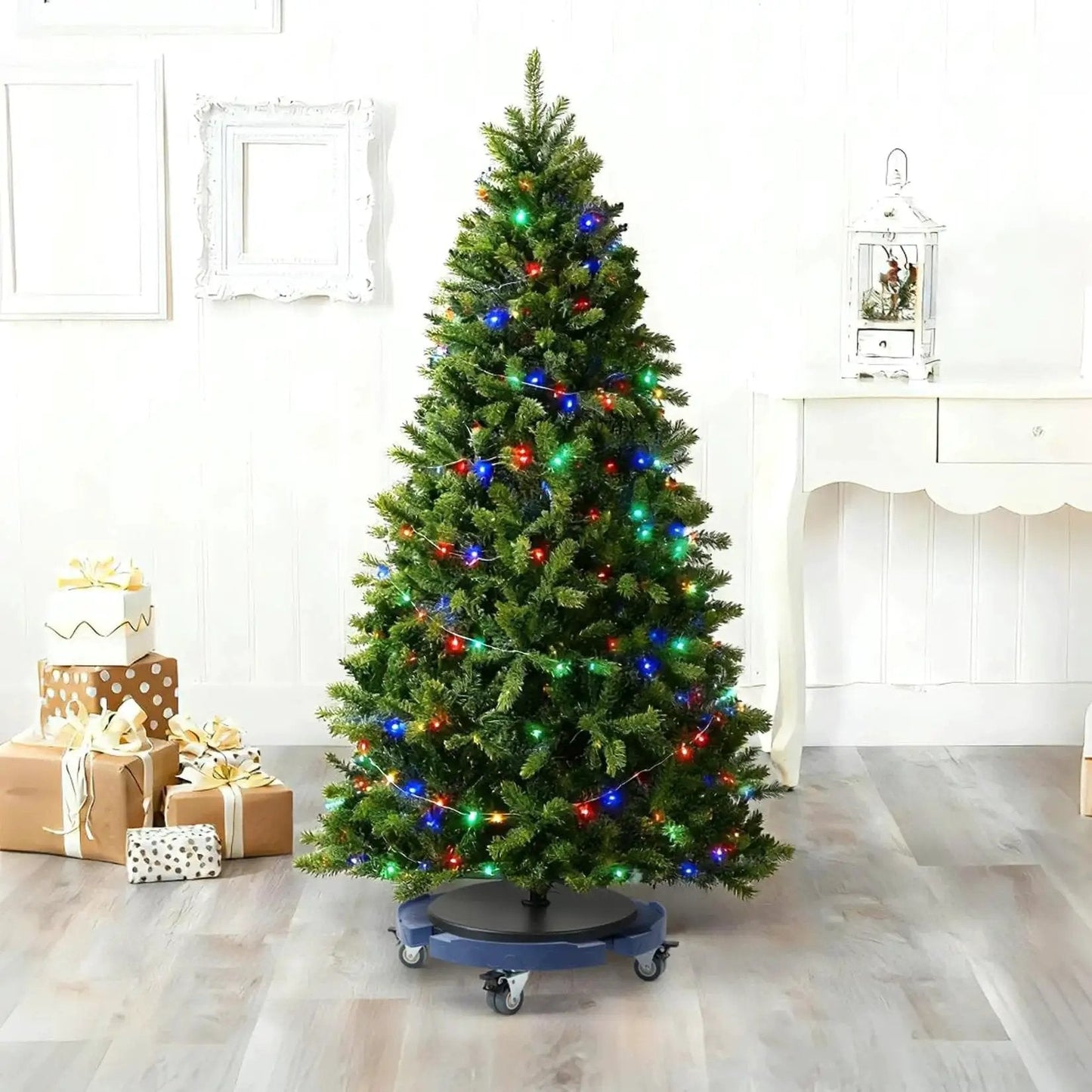 Christmas tree on adjustable plant caddy with wheels for 15 to 19 inch round bases heavy duty 440 lbs drum cart with locking rollers.