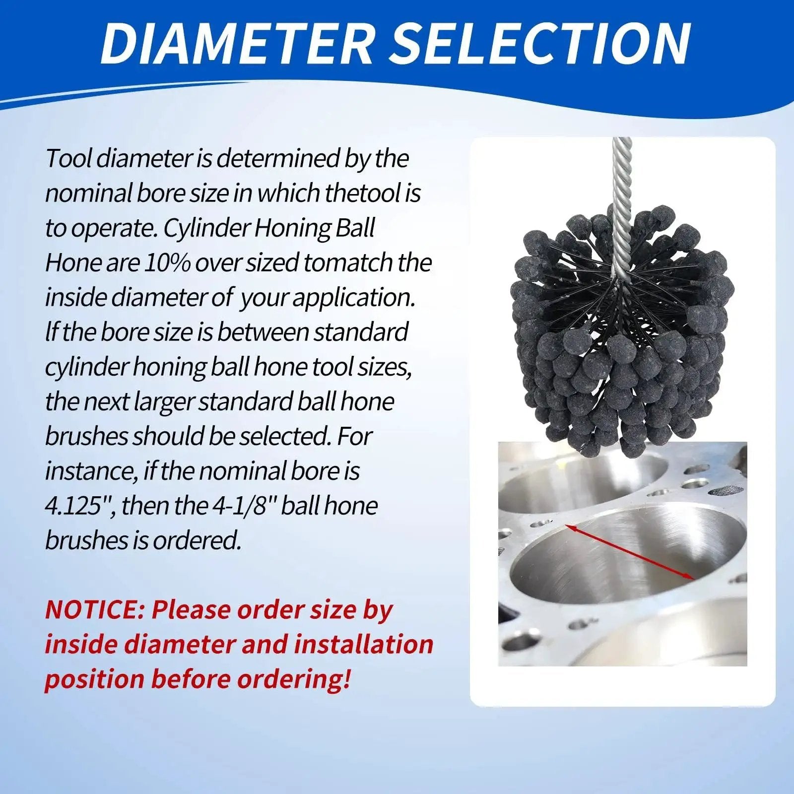 Cylinder Honing Ball Brush 4.125 Inch Diameter 240 Grit Silicon Carbide for engine cylinder honing display.