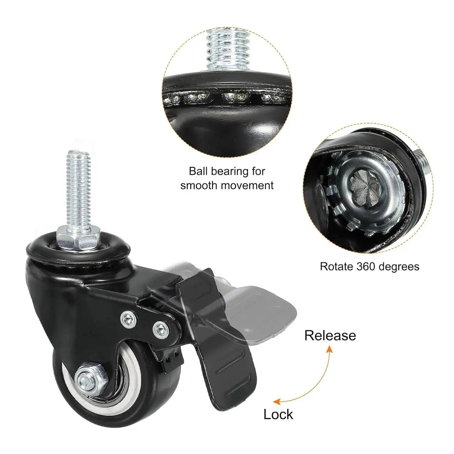 4 Pack 1.5 Inch Heavy Duty Threaded Stem Swivel Casters With Brake M8x25 Threaded Stem And Nuts Load Capacity 75 Lbs Each 300 Lbs Per Set