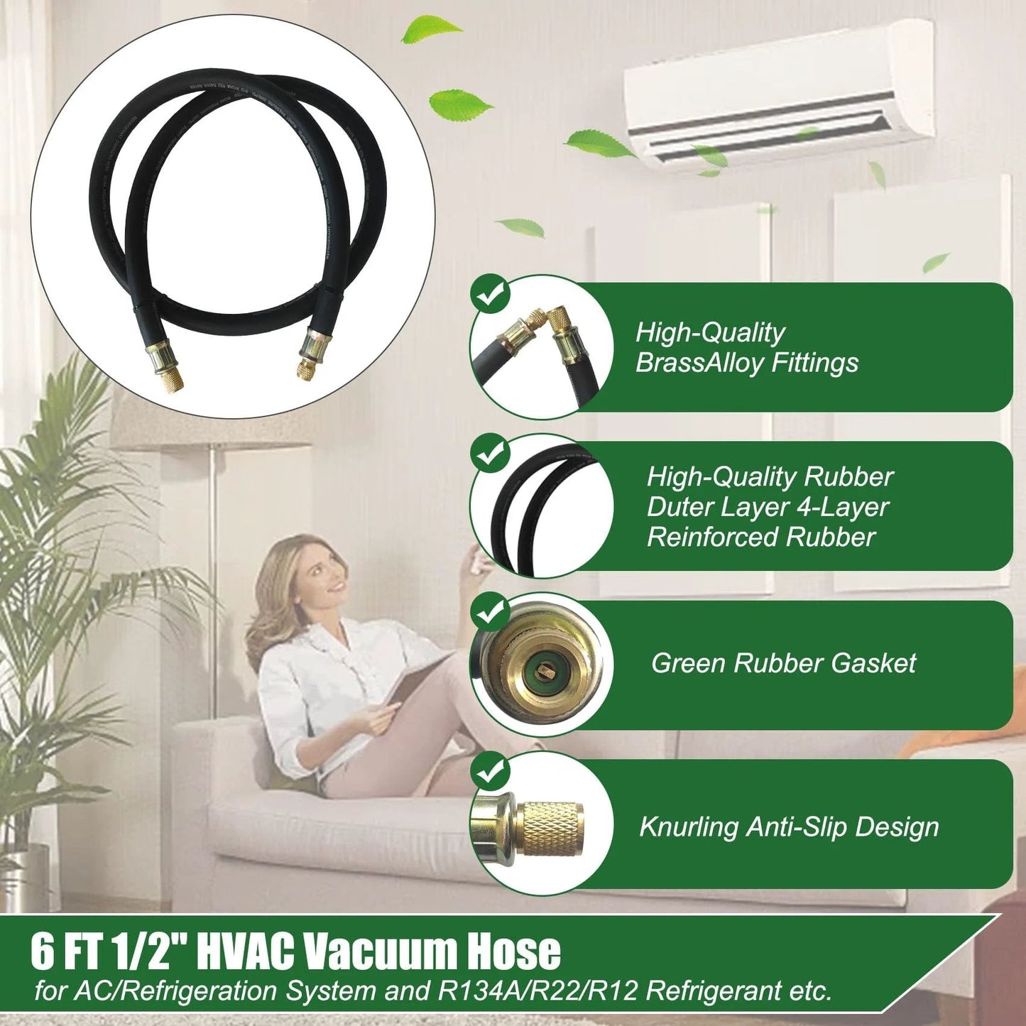 High Flow Half Inch HVAC Vacuum Hose With 3/8 To 1/4 Inch SAE Fittings, Six Foot Long, 20 Micron Vacuum Certified for Fast Evacuation