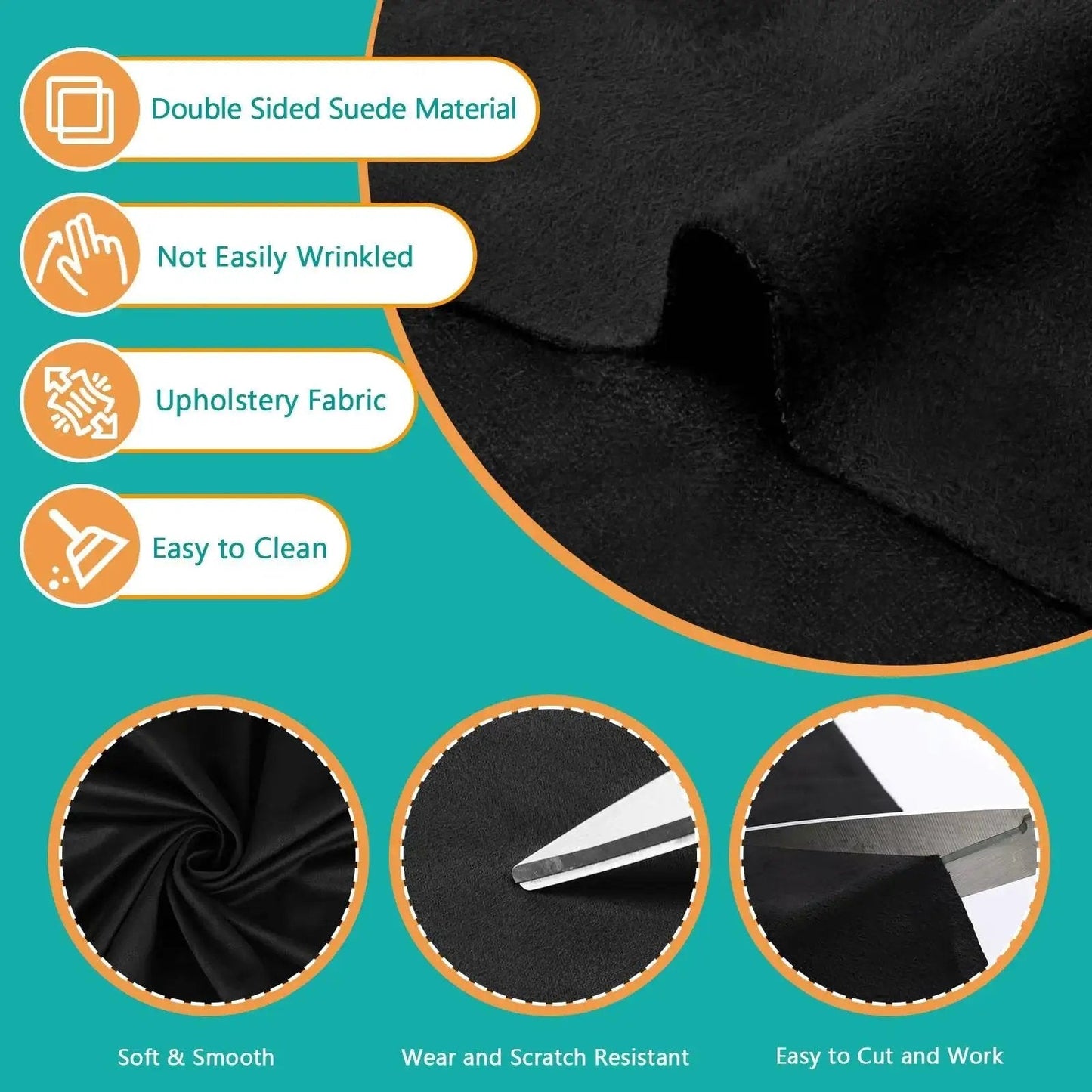 Double Sided Faux Suede Headliner Fabric Without Foam Backing Cars Trucks SUVs, black fabric with scissors and features listed