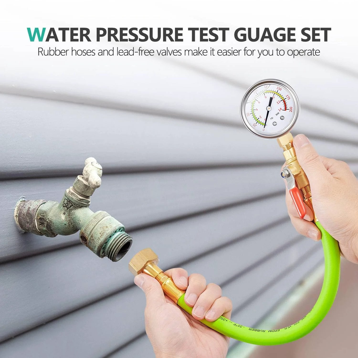 Stainless Steel Water Pressure Gauge Kit With 2 Inch Dial, Color Coded Liquid Filled Gauge For Quick Readouts, Includes 12 Inch EPDM Hose