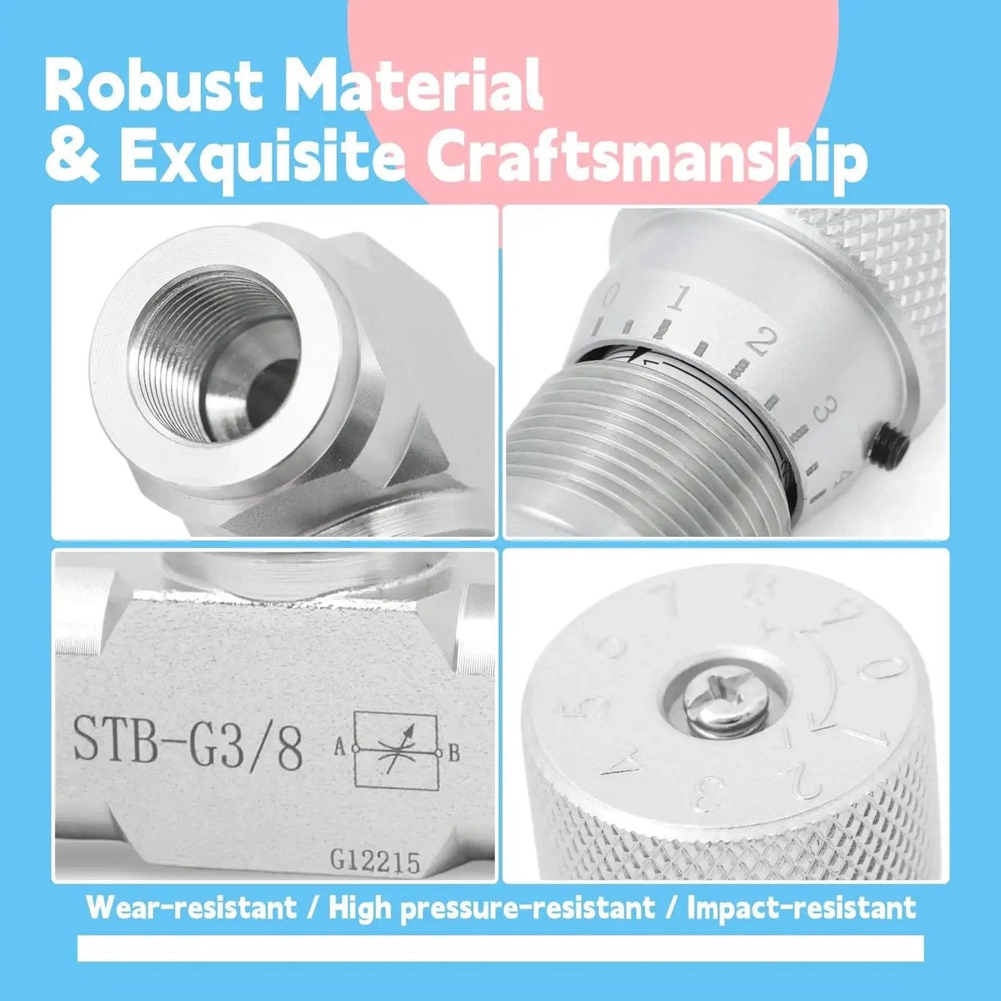 Heavy Duty Three Eighths Inch L08 Hydraulic Flow Control Valve for One to Two Ton Mini Excavators, connectors and dial details