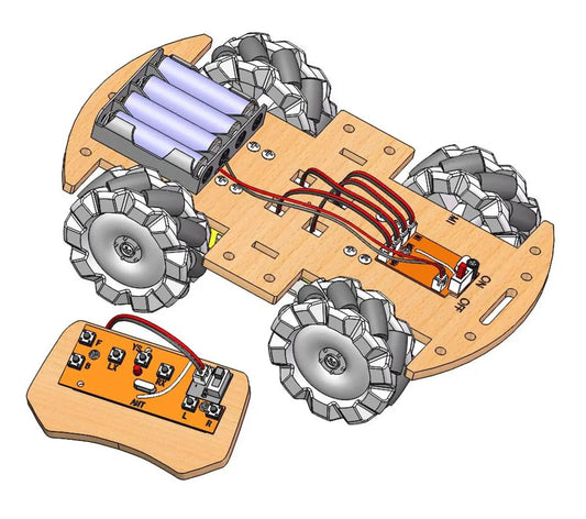 DIY 4WD Remote Control Car Kit for Kids Ages 6 7 8 9 10 11 12 Build Your Own Robotic Car With 68mm Mecanum Wheels And STEM Electronics Lessons displayed with wheels and remote