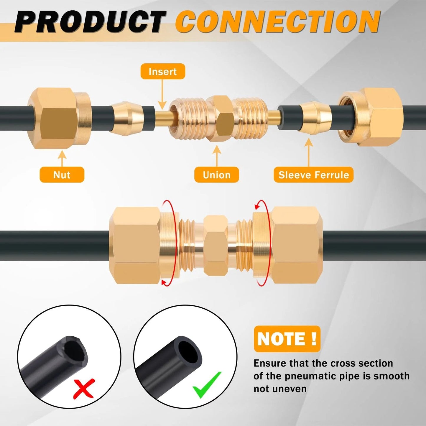 Heavy Duty Brass DOT Air Brake Fittings Kit connection diagram with compression adapters, highlighting nut, union, sleeve ferrule.