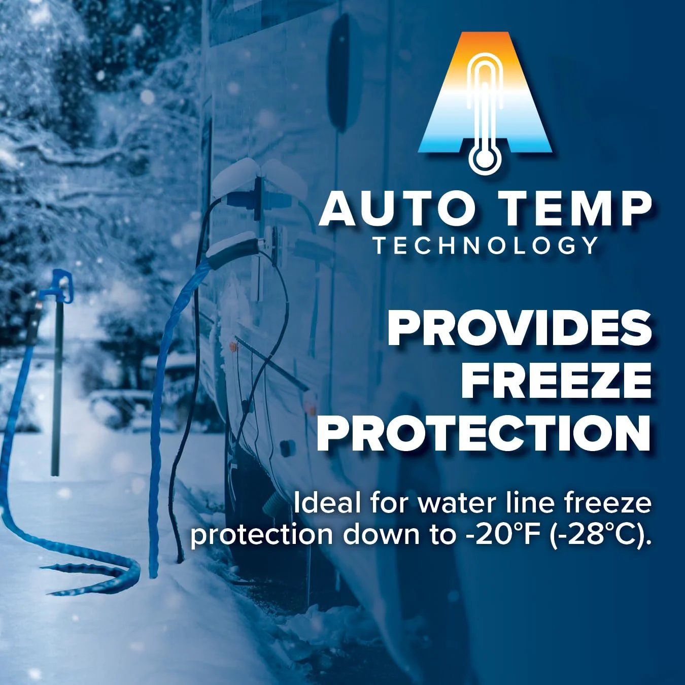Heated RV Water Hose With Freeze Protection To Minus 20 Degrees Fahrenheit in snowy landscape with hose connected to RV.