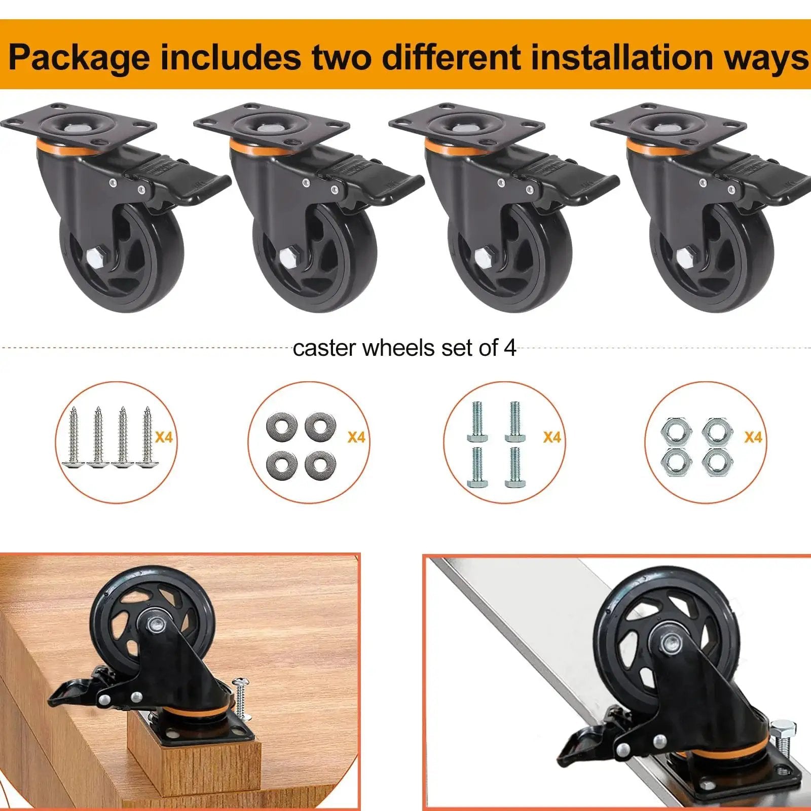 5 Inch Heavy Duty Caster Wheels Set Of 4 With Brakes And Dual Locking Safety Casters, Quiet Polyurethane Foam Wheels, 2400 Lbs Capacity.
