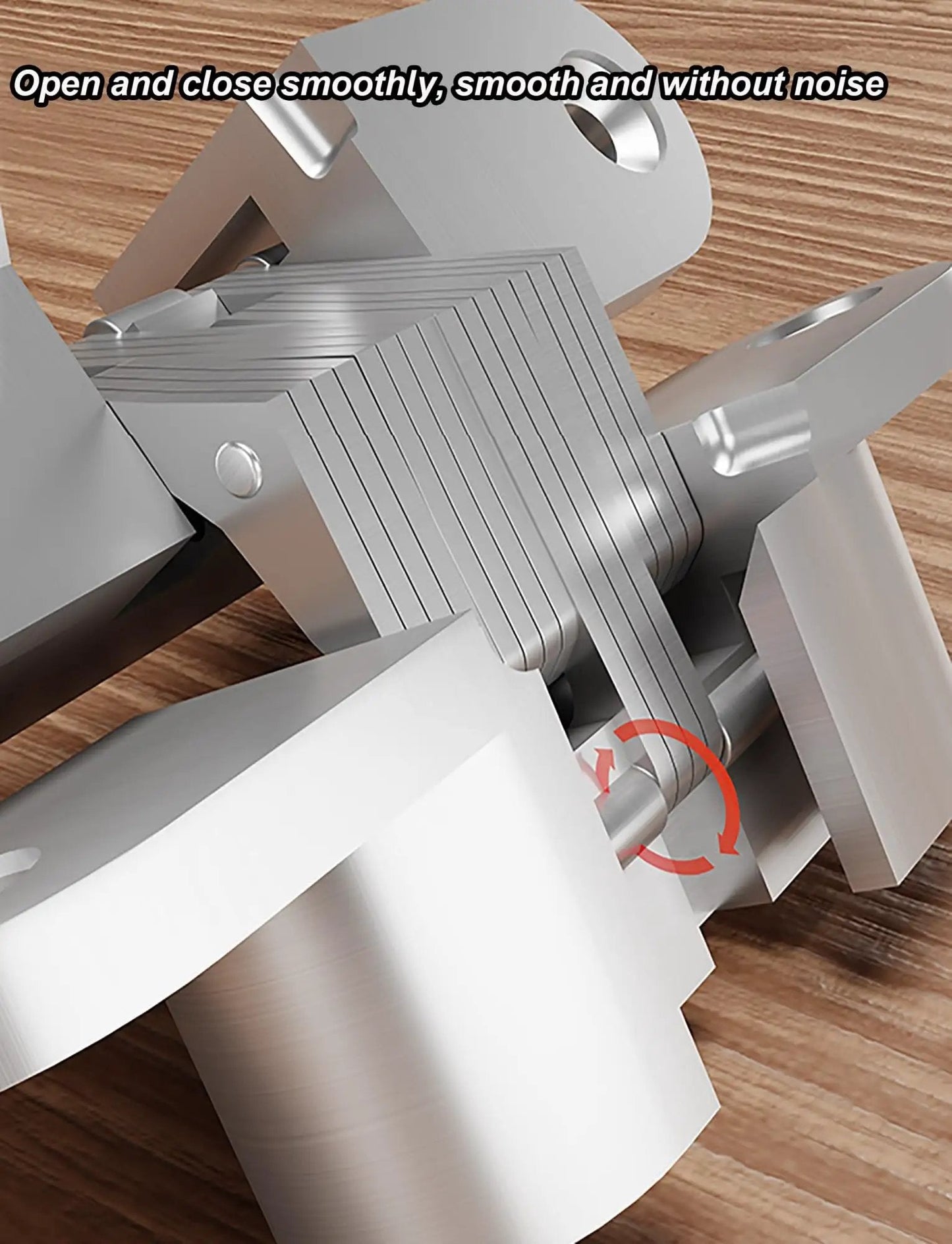 Close-up of hidden door hinges 2 pieces invisible cross hinges for 180 degree opening kitchen cabinets, zinc alloy material.