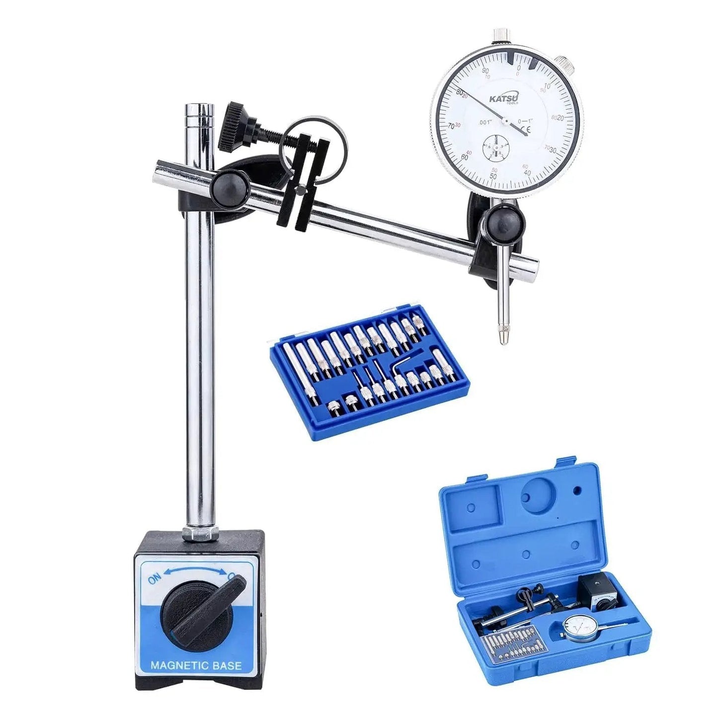 Dial Indicator With Magnetic Base And 22 Piece Indicator Points Set For Pro Grade Precision Measuring 0 To 1.0 In Range And 0.001 In Accuracy Fine Adjustment Magnetic Base With Strong Hold Long Arm Storage Case Included Model 401111, showing main unit, indicator set and case.