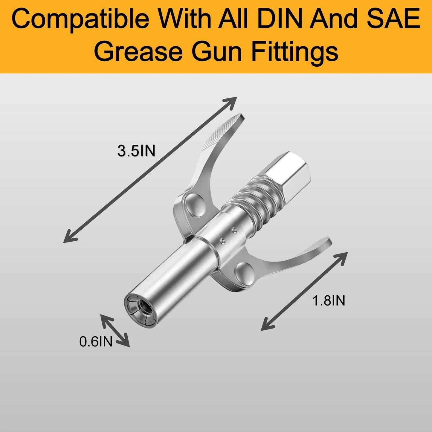Two Piece Leak Proof Grease Gun Coupler Set For Manual And Electric Guns, 12000 PSI High Pressure, Quick Connect Lock On Design, One Eighth Inch NPT Fit, Pro Grade Quality For Automotive Farm And Industrial Use