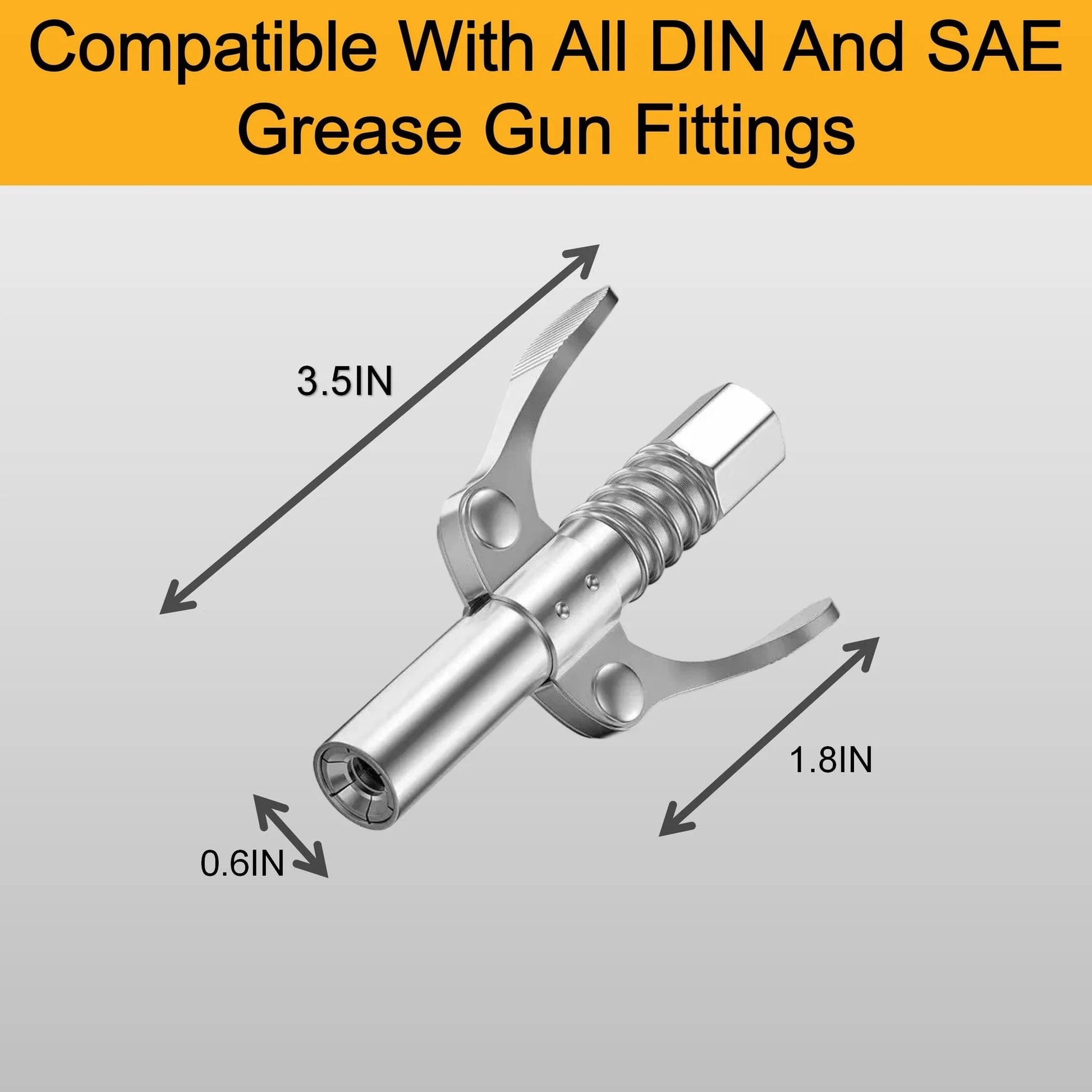 Two Piece Leak Proof Grease Gun Coupler Set For Manual And Electric Guns, 12000 PSI High Pressure, Quick Connect Lock On Design, One Eighth Inch NPT Fit, Pro Grade Quality For Automotive Farm And Industrial Use