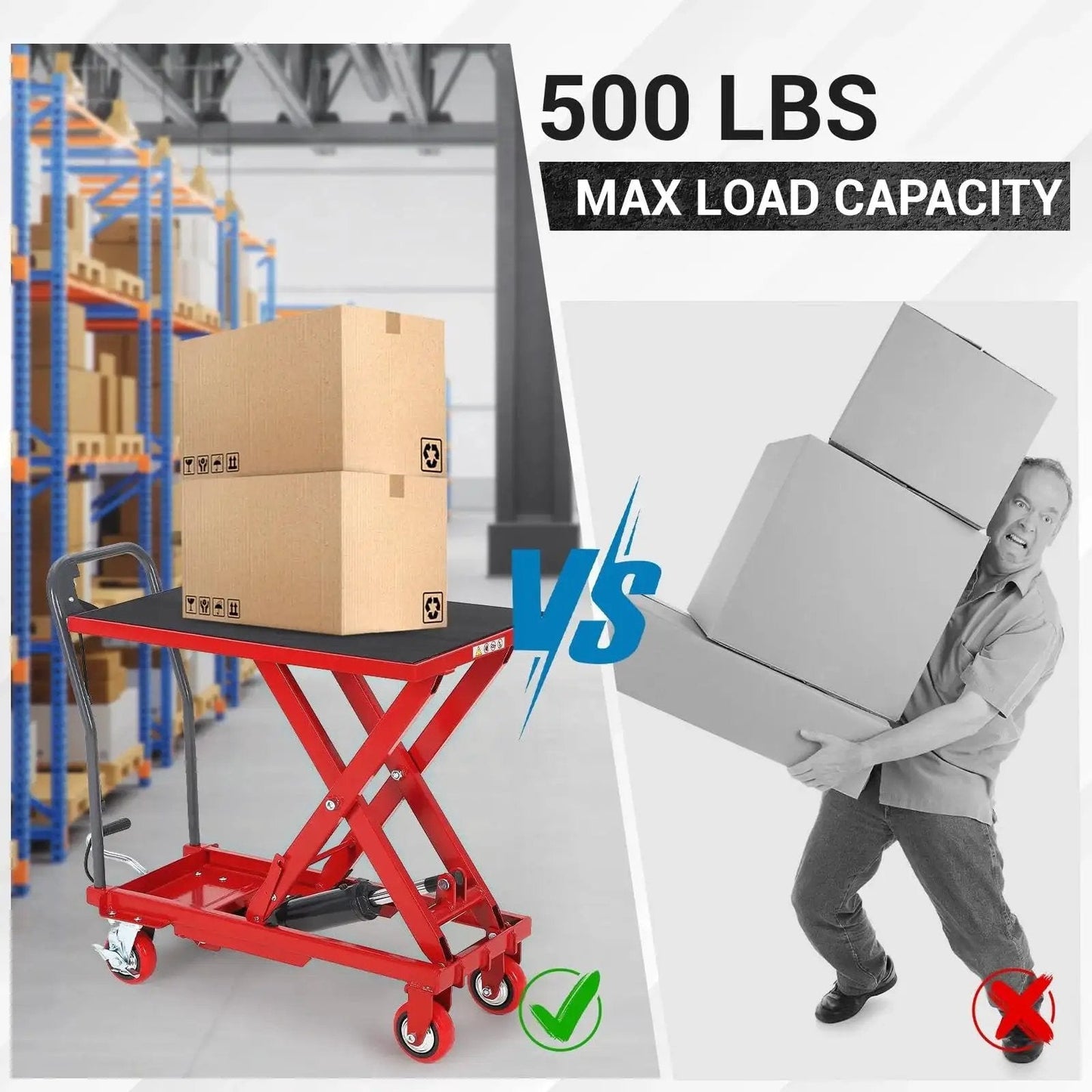 500 Lb Hydraulic Lift Table Cart With 28.5 Inch Lift And Non Slip Pad Red in a warehouse lifting boxes