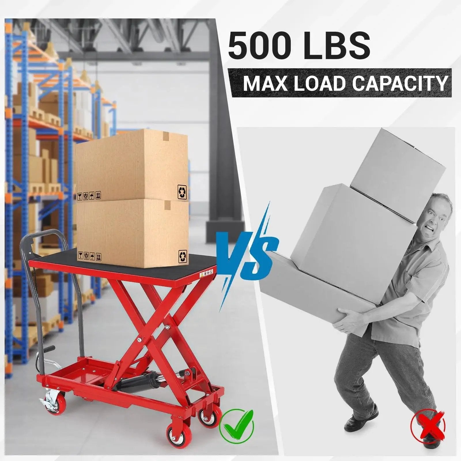 500 Lb Hydraulic Lift Table Cart With 28.5 Inch Lift And Non Slip Pad Red in a warehouse lifting boxes