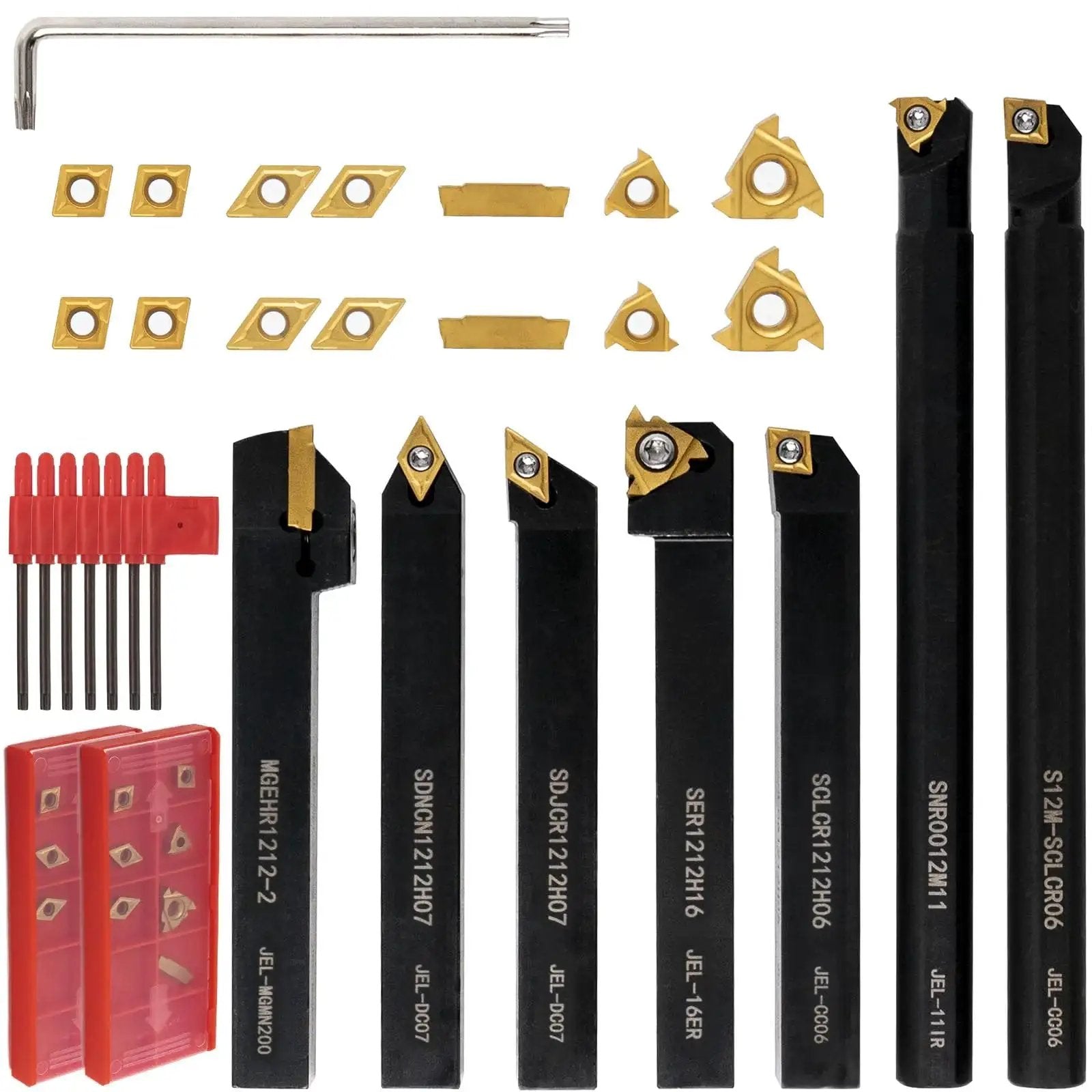 21 Piece Lathe Tool Kit With Indexable Carbide Turning Tools For Turning Grooving Threading And Boring Half Inch And Twelve Millimeter Shank Includes Seven Tool Holders And Fourteen Carbide Inserts displayed on a white background.