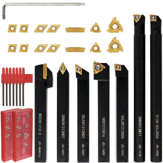 21 Piece Lathe Tool Kit With Indexable Carbide Turning Tools For Turning Grooving Threading And Boring Half Inch And Twelve Millimeter Shank Includes Seven Tool Holders And Fourteen Carbide Inserts displayed on a white background.